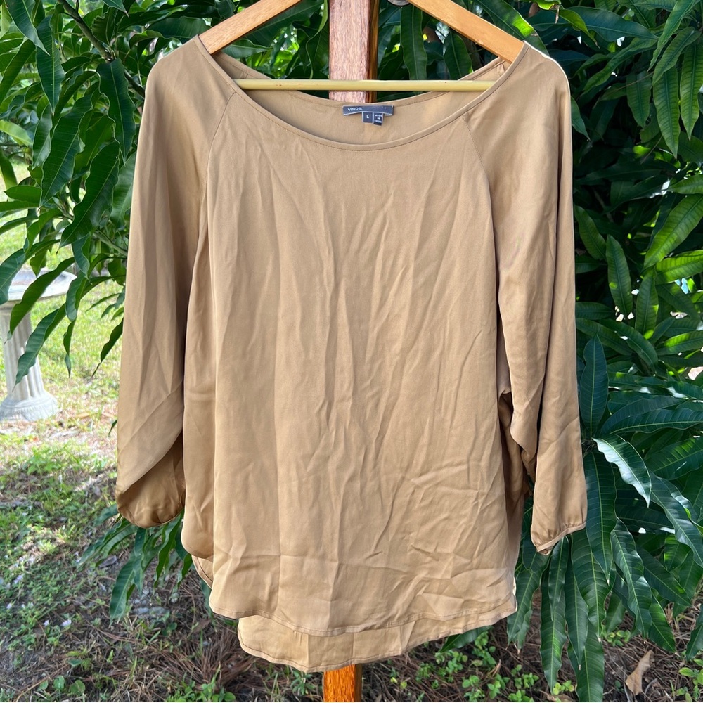 Vince Women's Long Sleeve Silk Blouse Gold Tan Shirt Top